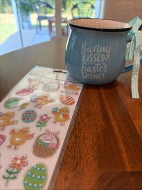 Blue Ceramic 'Bunny Kisses Easter Wishes' Mug with Ribbon Accent and Stickers